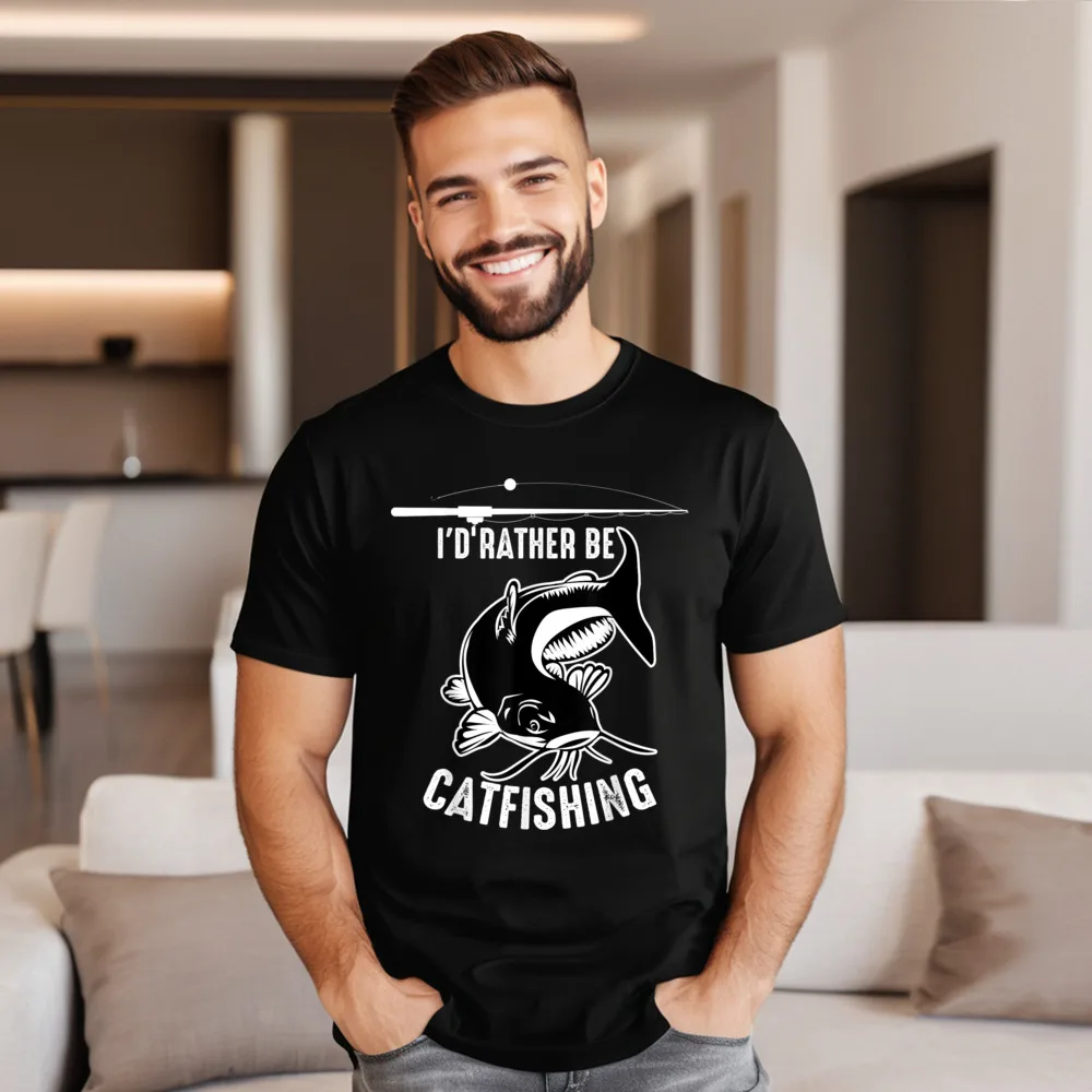 Cool Id Rather Be Catfishing Tops Tees Retro Round Collar Casual Short Sleeve 100% Cotton Mens T Shirt Graphic T Shirt