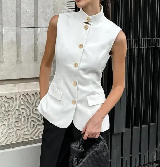 

Multi Functional Fashionable Sleeveless Vest Top for Summer Women's Solid Color Small Stand Up Collar Commuting Casual Vest