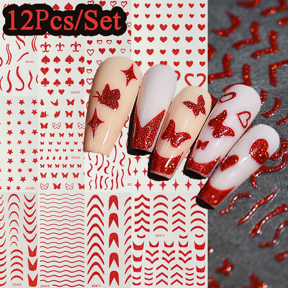 12pcs/Set Red Glitter French Nail Stickers 5D Butterfly Star Heart Sparkly Valentine Nail Art Decals New Year Manicure Sliders