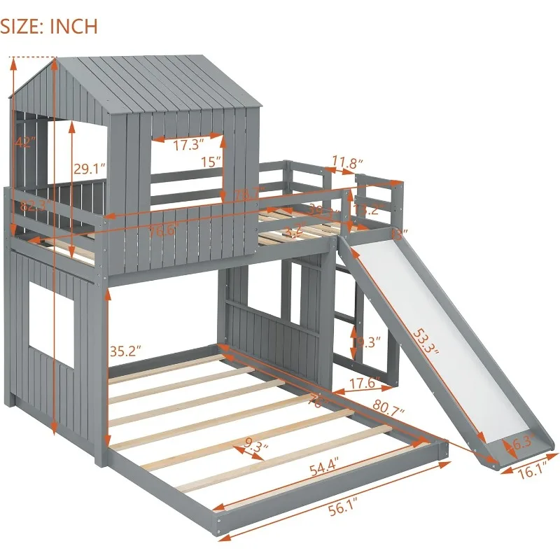 Designs House Bunk Beds Twin Over Full Size, Wood Bunk Beds with Roof and Window (Grey, Twin Over Full (with Slide))