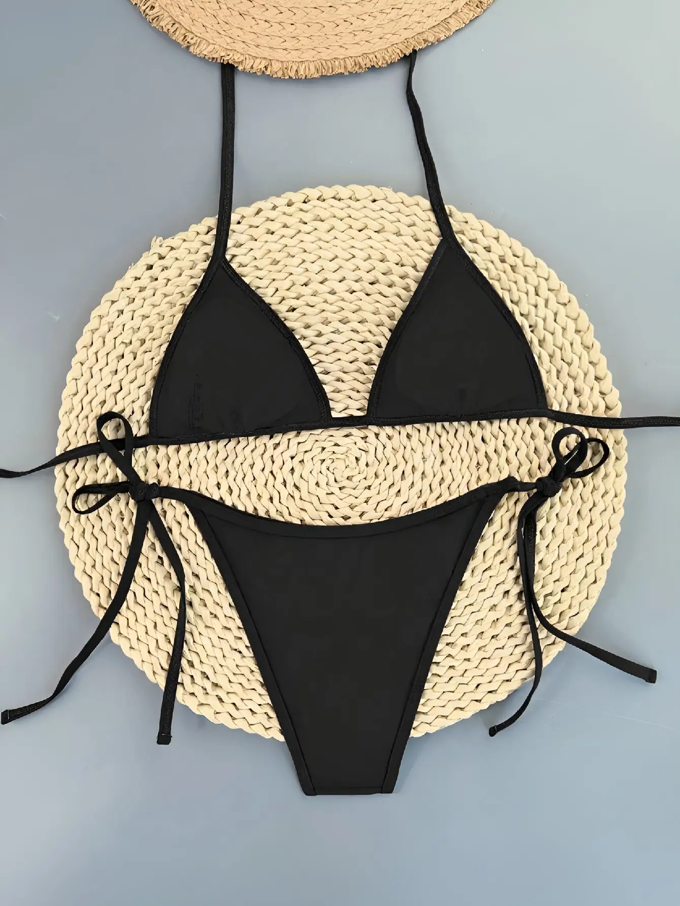 Solid Black Halter Triangle Bikini Set for Women 2-Piece Tie Side Swimsuit Beach Bathing Suit Swimwear