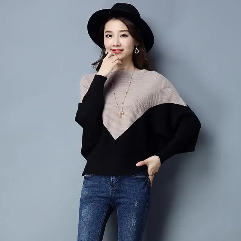 

New Contrast Patchwork Pullovers Spring Autumn Long Sleeve Slash Neck Loose Knitting Sweaters Fashion Elegant Women Clothing