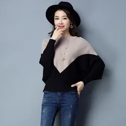 New Contrast Patchwork Pullovers Spring Autumn Long Sleeve Slash Neck Loose Knitting Sweaters Fashion Elegant Women Clothing