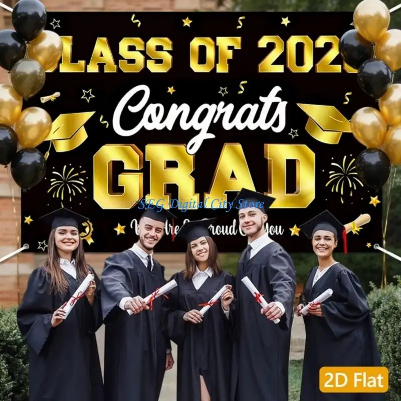 U75B Class Of 2026 Graduation Backdrop Black Gold Polyester Fabric 2026 Banners For Photo Booth Party Decors Background Cloth