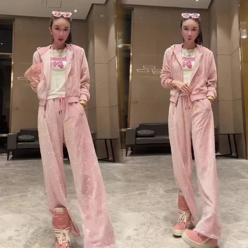 

European High end Fashion Set Spring and Autumn New Style Socialite Temperament Fashionable Sequin Zipper Top Pants Set