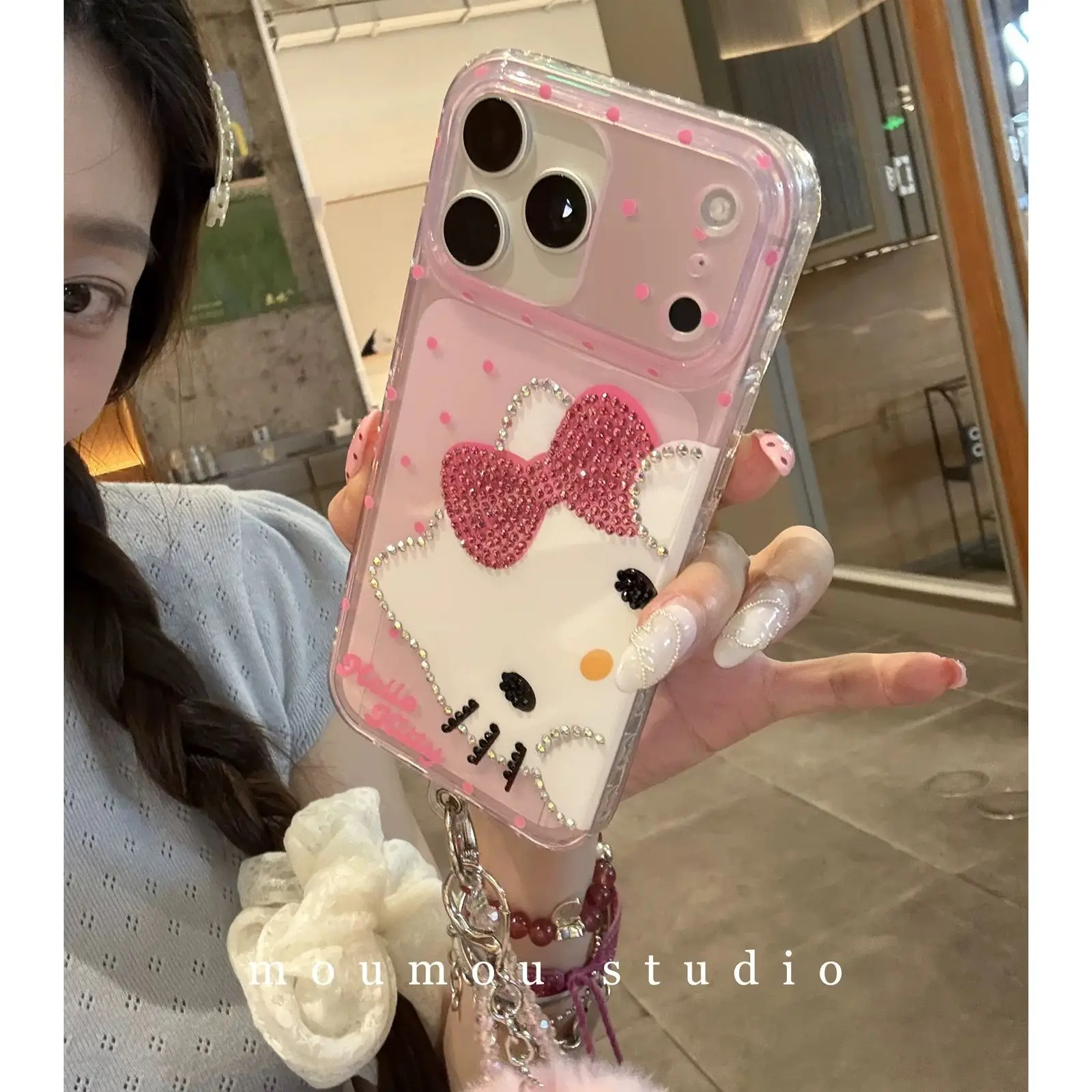 เคสโทรศัพท์ลายการ์ตูนเพชร Hello Kitty เหมาะสำหรับ iPhone 15, Apple 16, เคสป้องกัน 17, Promax/13, ลายแมวน่ารัก 14, รุ่น Pro