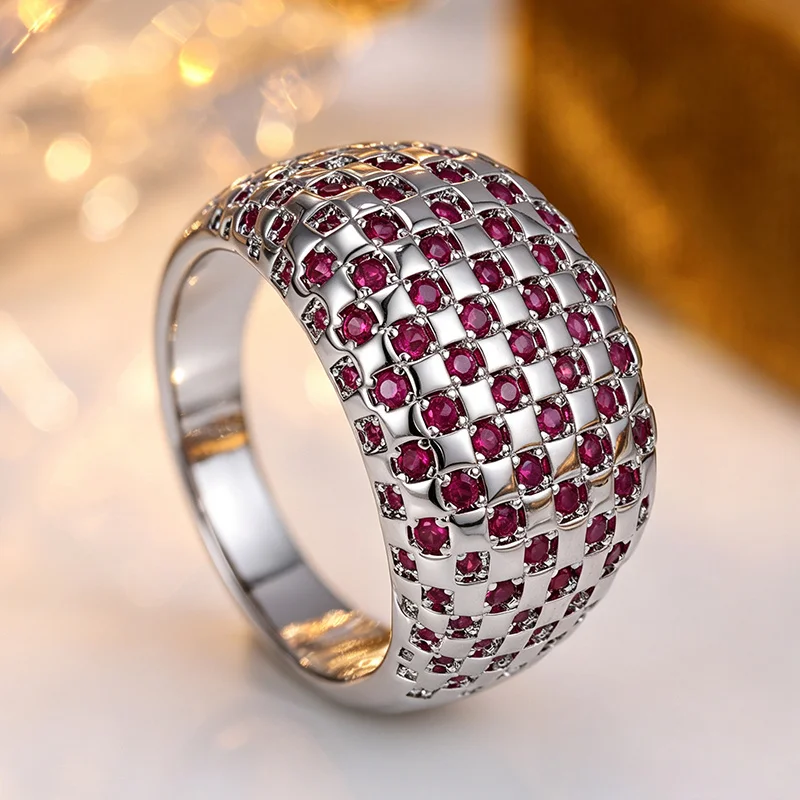 Women's Palace Style Wide Edition Ring Featuring Checkered Design Inlay Red Synthetic Zircon Sparkling Ring Gorgeous Jewelry