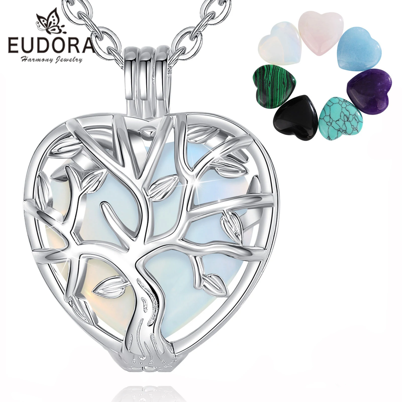 Eudora Tree of Life Cage Heart Necklace Obsidian Energy Healing Crystal Stone Pendant Spiritual DIY Jewelry Moonstone Gift