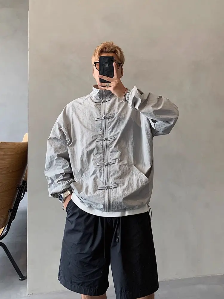 Ретро китайский сарафан на пуговицах с воротником-стойкой, мужская повседневная летняя солнцезащитная одежда, весенне-осенняя свободная посадка, чистый цвет