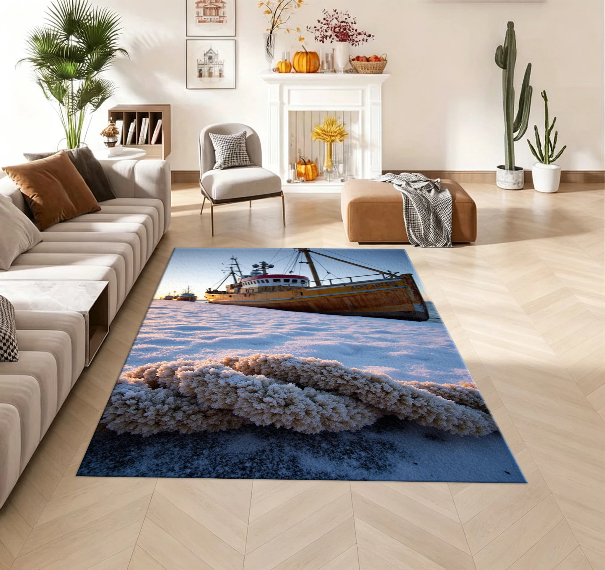 Fishing Boat Winter Seaside Carpet Floor Mat Snow Beach Photo Print Carpet Living Room Bedroom Home Floor Mat