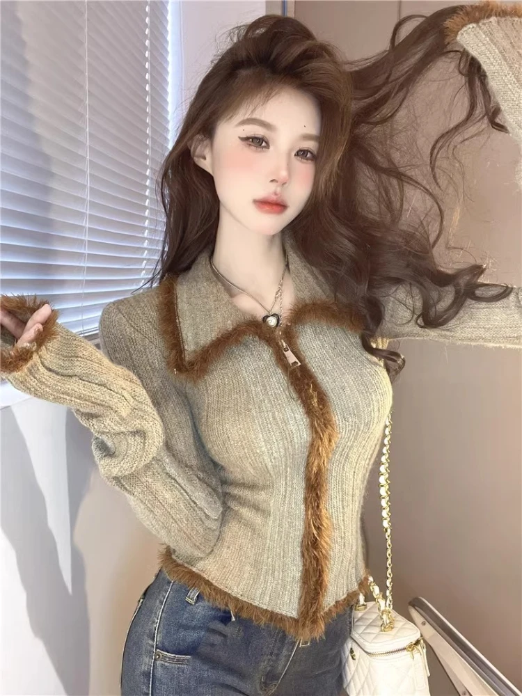 Fashion Y2K Gradient Sweater Women's Autumn and Winter Pure Desire Spice Girl Mao Mao Top Double Zip Knitted Cardigan Jacket