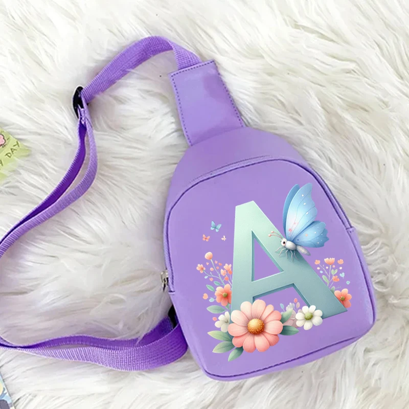 

Children Messenger Bags Watercolor Butterfly Flower Letters Single Shoulder Chest Bag 26 Alphabet Kids Bag for Girl Daily Purse