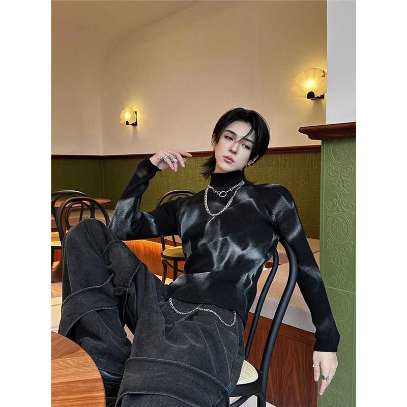 

Мужская вязаная длинная све с воротником-стойкой, окрашенная распылением, повседневная мода INS Base irt, осенняя новинка, корейская версия, модный бренд