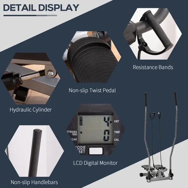 أداة سلالم مع مقود هزاز، مقاومة هيدروليكية، شاشة LCD، فضي - جهاز تمرين متسلق القلب المنزلي