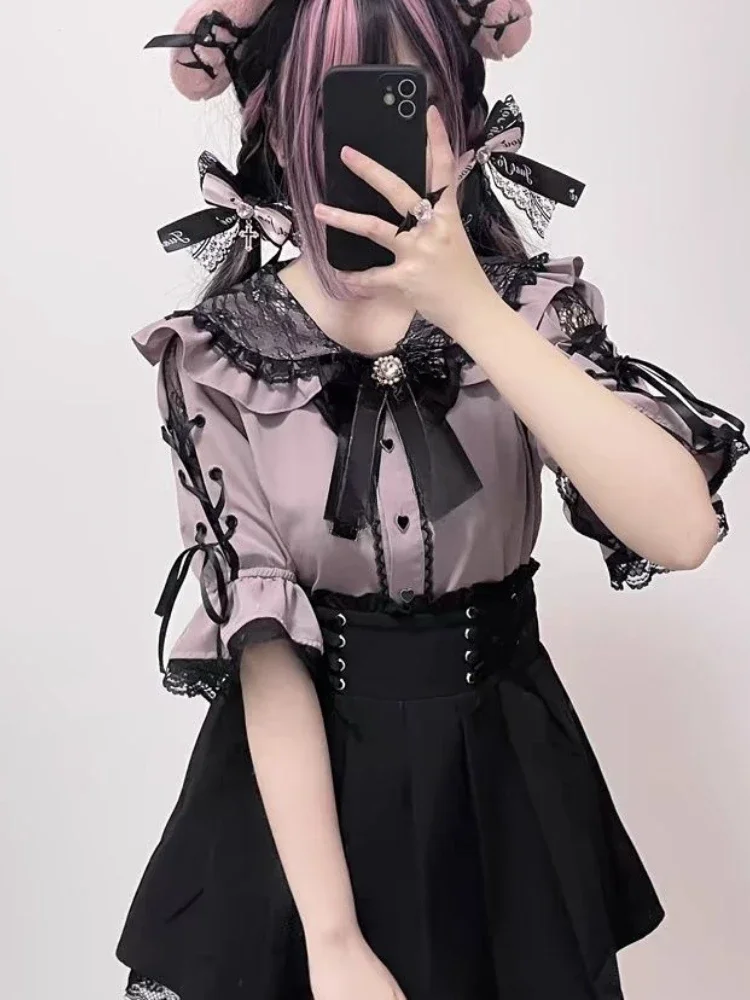 Japanese Kawaii Girl Lolita Flare Sleeve Shirt Y2k Aesthetic Summer Lace Patchwork Sweet Blouse Women Jk Bow Grunge Cute Tops