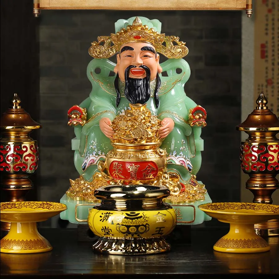 

Asia Temple Worship High grade jade God of wealth Buddha statue HOME company shop bring money GOOD luck CAI SHEN gilding statue