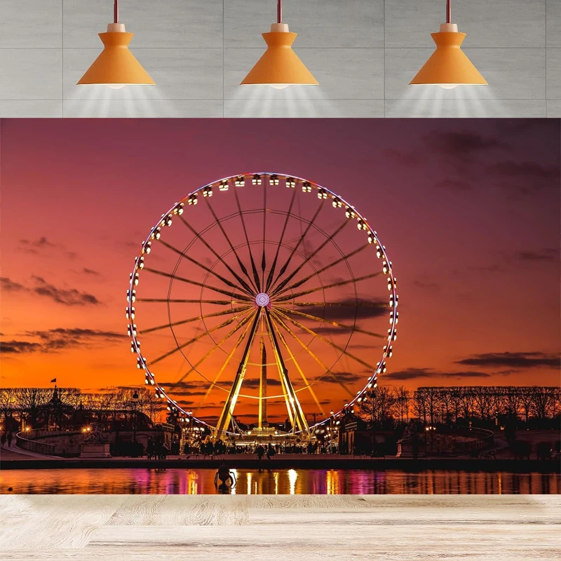 

Cityscape Night Ferris Wheel Photography Backdrop Seattle Seaside Sunset Landscape Background Party Backdrop Wall Banner Decor