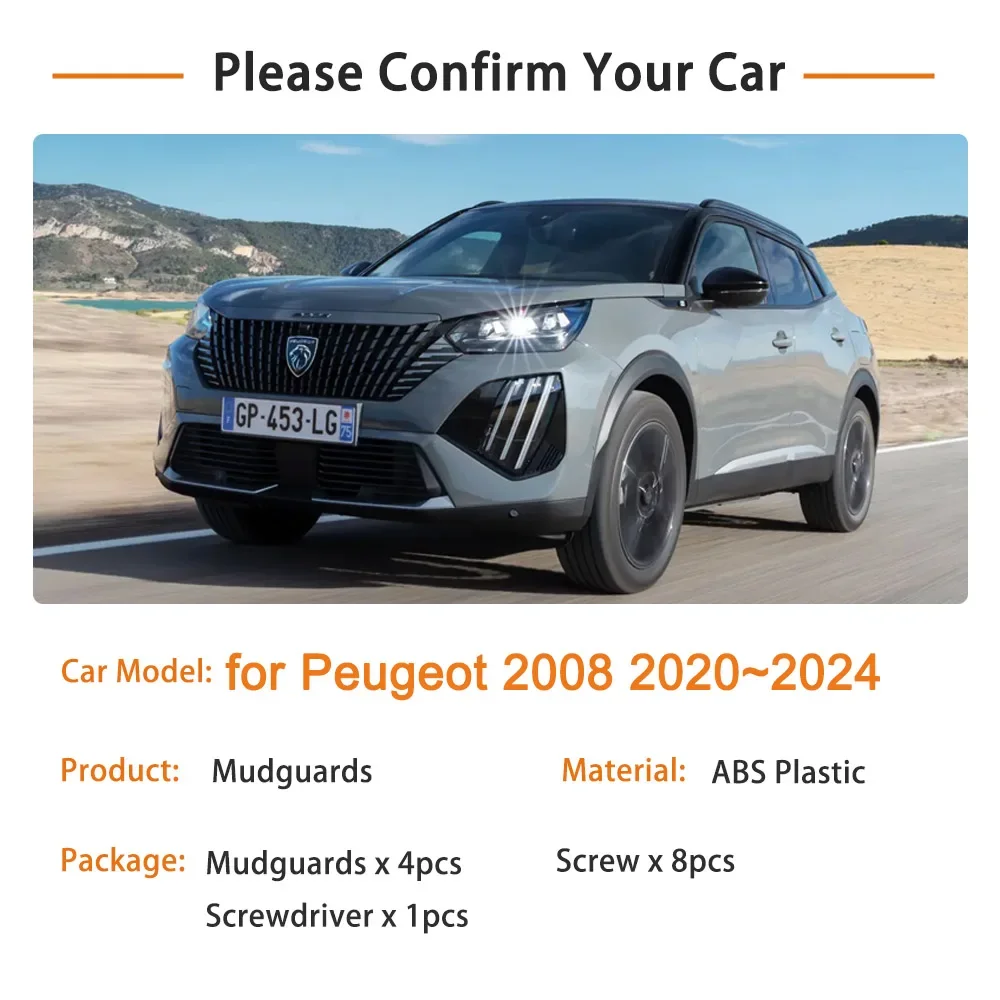 For Peugeot 2008 2020 2021 2022 2023 2024 Accessories Mud Flaps 4x Mudguards Anti-splash Fender Upguard Front Rear Wheels Parts