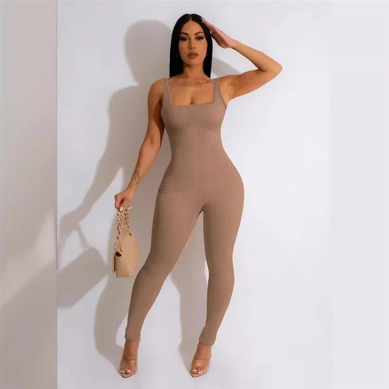 2024 Women's  Color Svel Vest Onesie Ribbed Square Collar Bal Butt-Lifting Slim Fit Sports Onesie