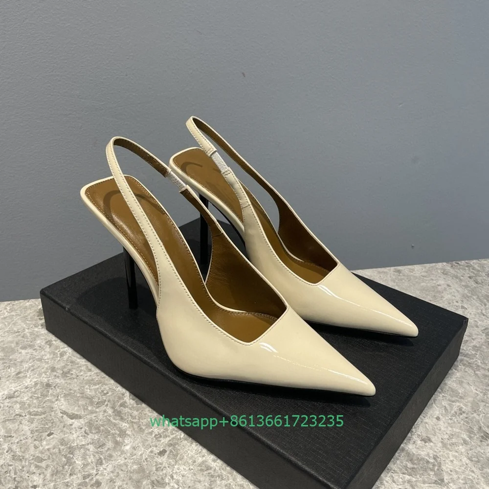 Slip On Back Strap Slingback Thin High Heels Patent Leather Square Shallow Women Pumps Pointed Toe Sexy Fashion Sandasl Pumps