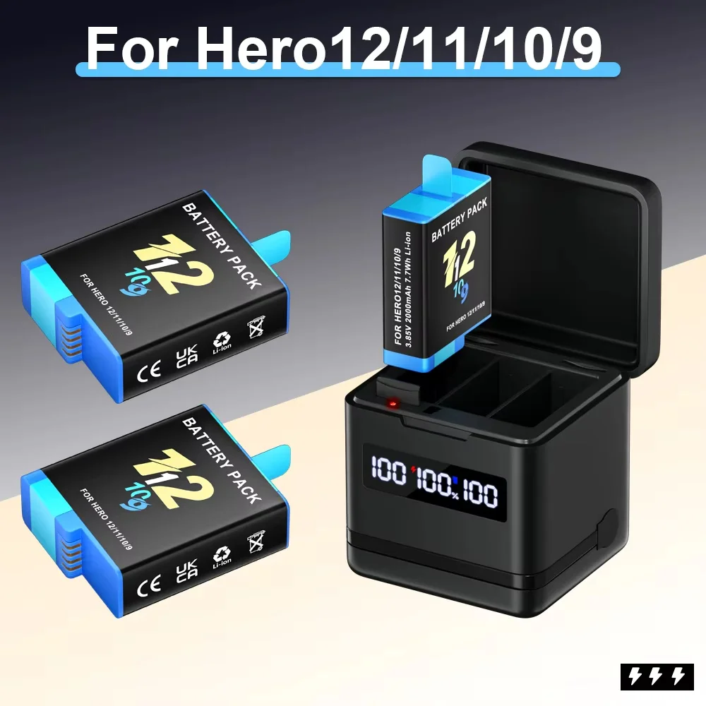 2000mAh Battery for Gopro Hero 9 10 11 12 Camera Battery with LCD 3-Slots Fast Charger Box for GoPro Hero12 11 Sport Cameras