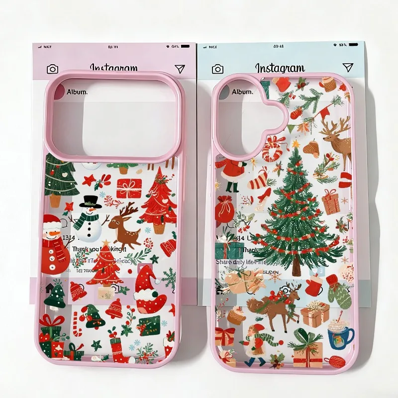 Cute Christmas Santa Elk Phone Case For iPhone 17 16 Pro Max 17Air 15 14Plus 13 12 11 8 7Plus Snow New Year Pink Hard Cover Bag
