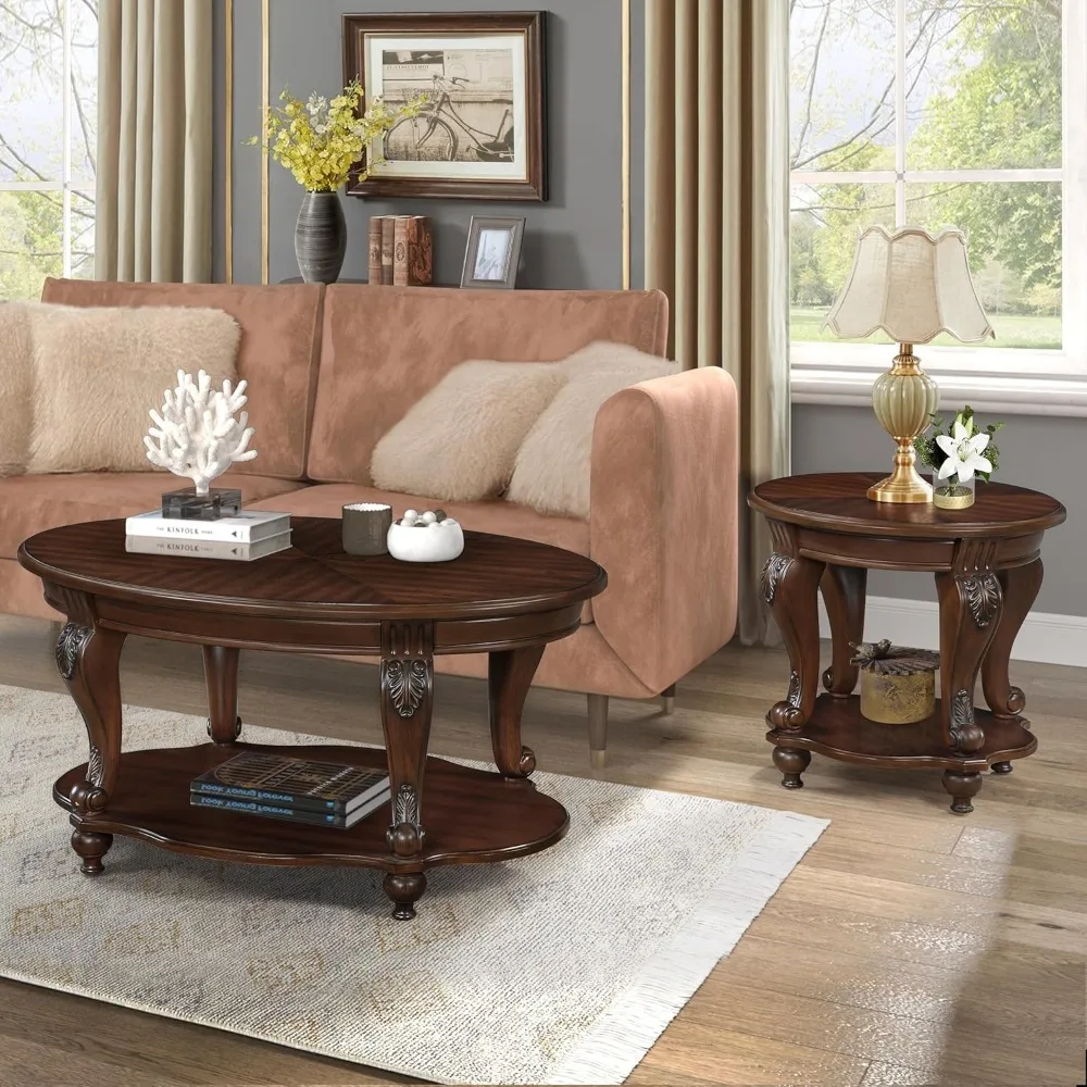 Solid Wood Coffee Table Set for Living Room, Coffee Table & 2 End Side Table 3-Piece Set with Open Storage