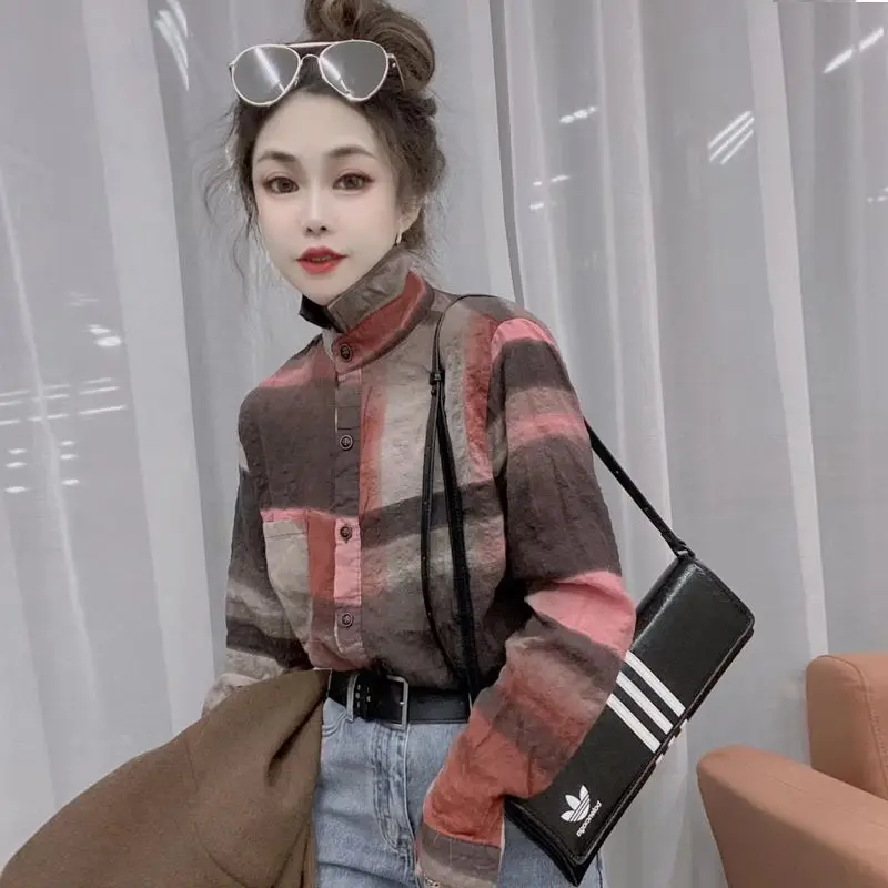 New Fashionable Plaid Shirt for Women Made of Pure Cotton Dyed and Versatile Square Neck Shirt Korean Version Loose Top