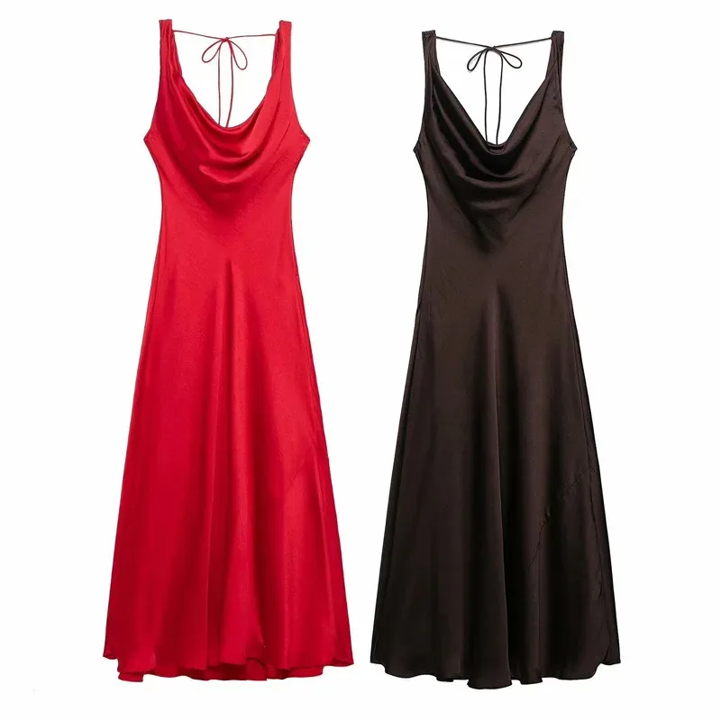 Summer Sexy Red Satin Pleated Maxi Dress Sleeveless Chic Women's Party Beach Dress High Street Style New Commuter Fashion