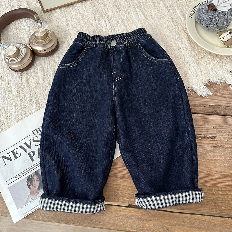 Boys Girls Jeans Navy Blue Checkered Patchwork Rolled Edge Jeans Spring Autumn Loose Casual Children Denim Trousers