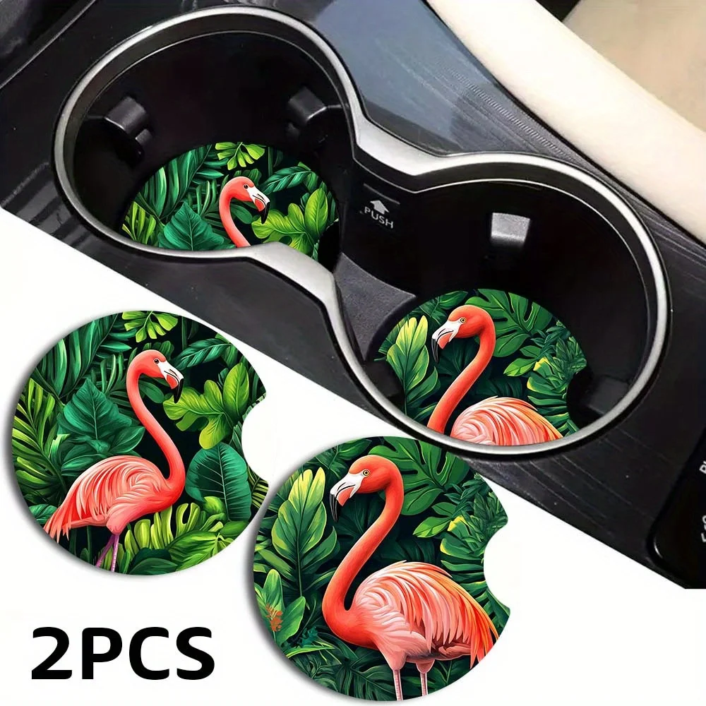 Juego de 2 posavasos para portavasos de coche con diseño de flamencos tropicales, complementos para automóvil divertidos y prácticos