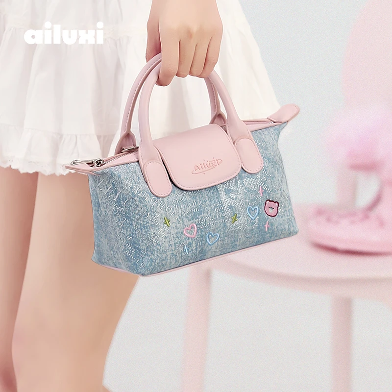 

AILUXI Handbag with Shoulder Strap Women Cute Original Designer Brand Denim Blue Pink Mini Dumpling Bag Crossbody Christmas Gift