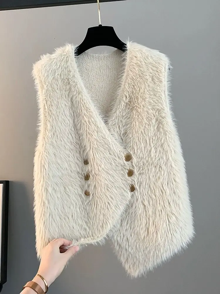 Vest Knitted Cardigan Spring and Autumn New Style Imitation Mink Fleece Sweater Women\'s Tank Top Loose Outer Winter Shoulder