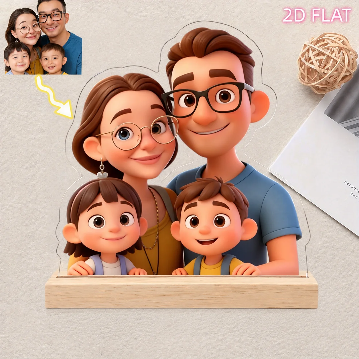 Personalized Cartoon  Acrylic Stand Custom Photo 2D Flat Cartoon Portrait Figurine with Wooden Base Customized Desktop Keepsake