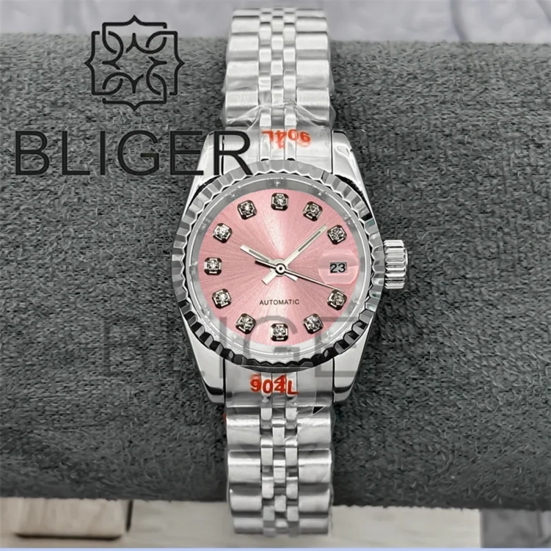 BLIGER 26mm Luxury Lady's Watch Sunburst Pink Rose Gold Gray Dial Decorated GEMS Index NH05 Two Tone Gold Case Sapphire Glass