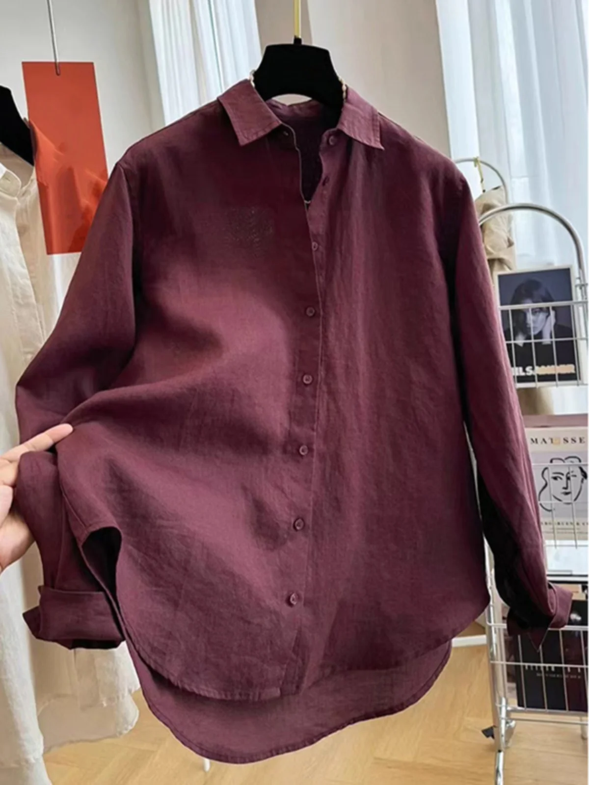 

Angola красный хлопок и лен длинный све irt женский весенне-осенний свободный повседневный топ с воротником на пуговицах винтажный топ