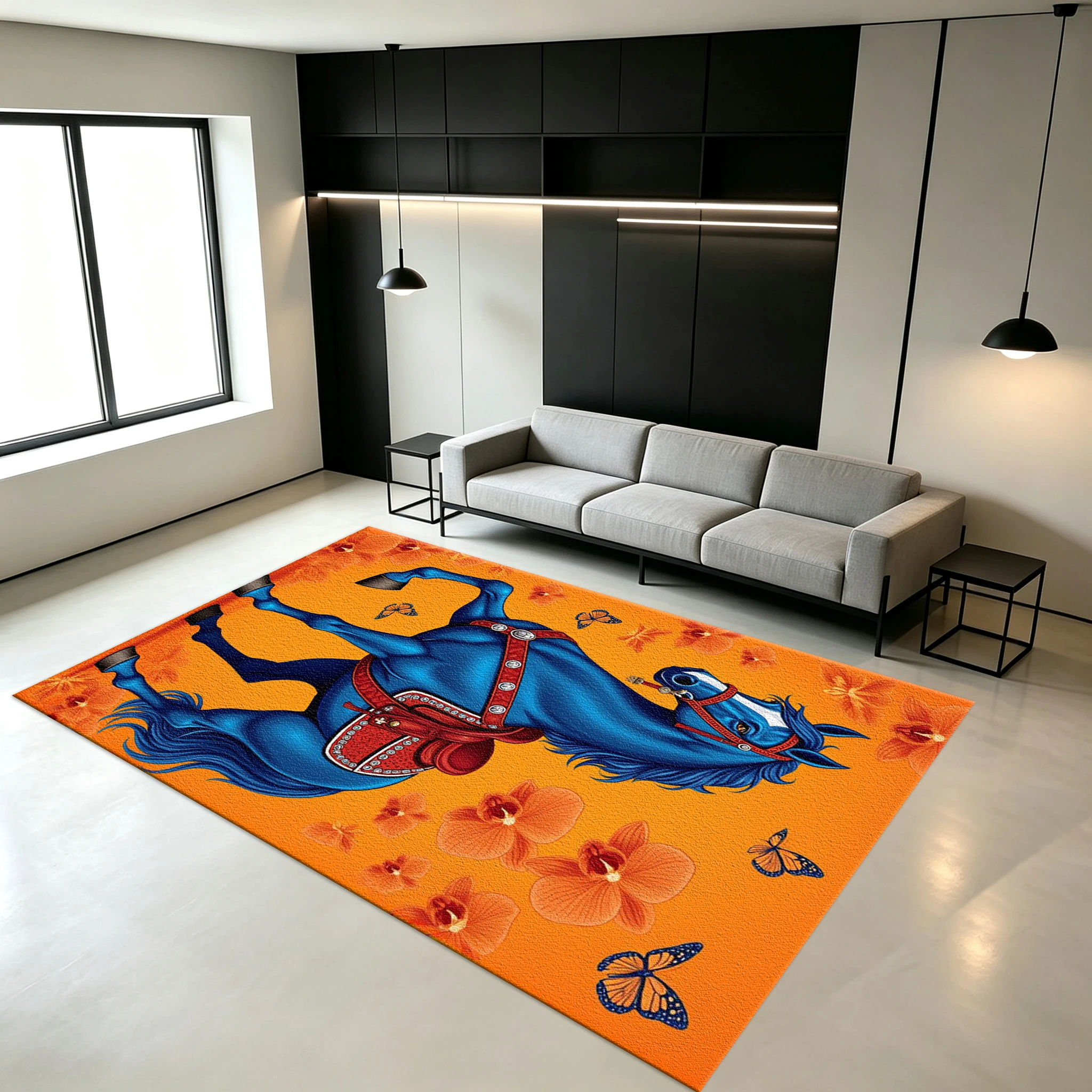 Bright Blue Horse Orange Floral Butterfly Art Carpet Floor Non-Slip Mat