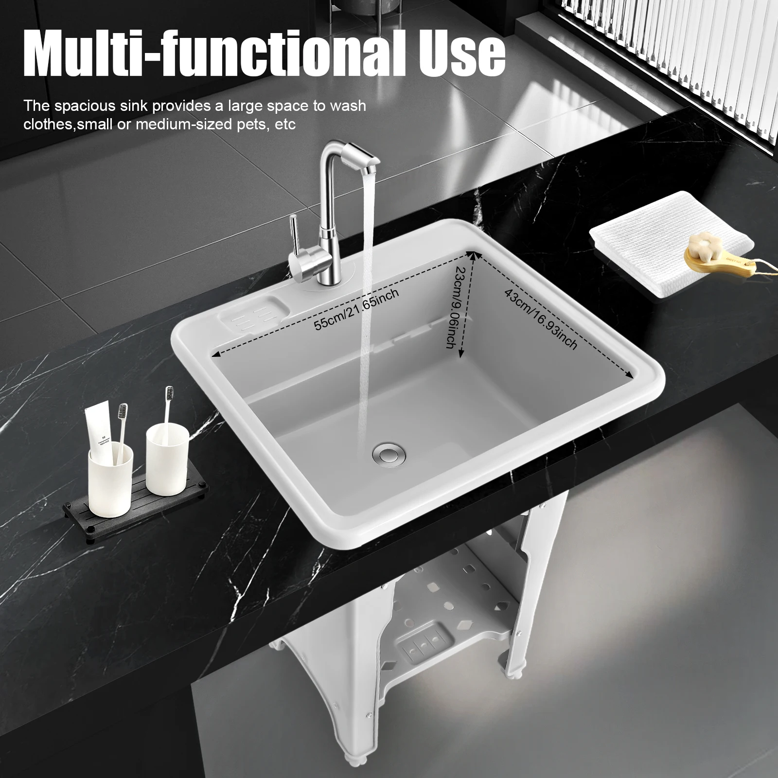 Freestanding Plastic Utility Sinks with Faucet Goudergo Drop in Deep sink kit with Inlet Pipe and Drain Pipe for Laundry Room