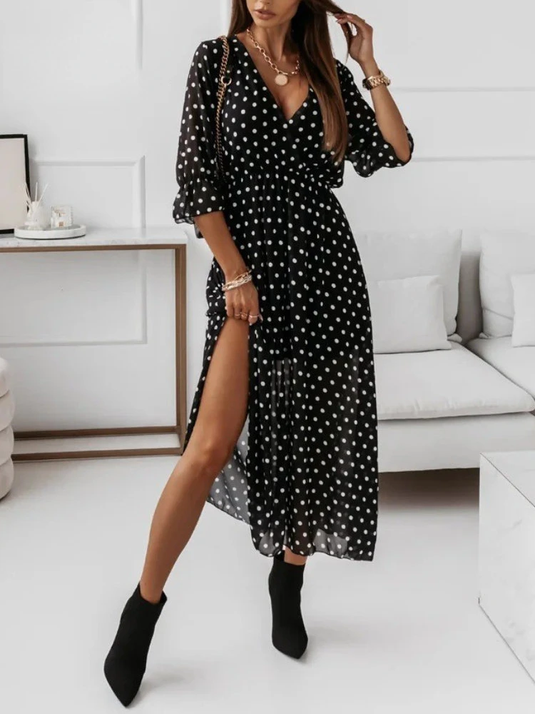 Chiffon Summer Dresses Women 2023 Elegant A-line Flower Office Spring Long Sleeve V-Neck Floral Maxi Dresses for Women Vestido