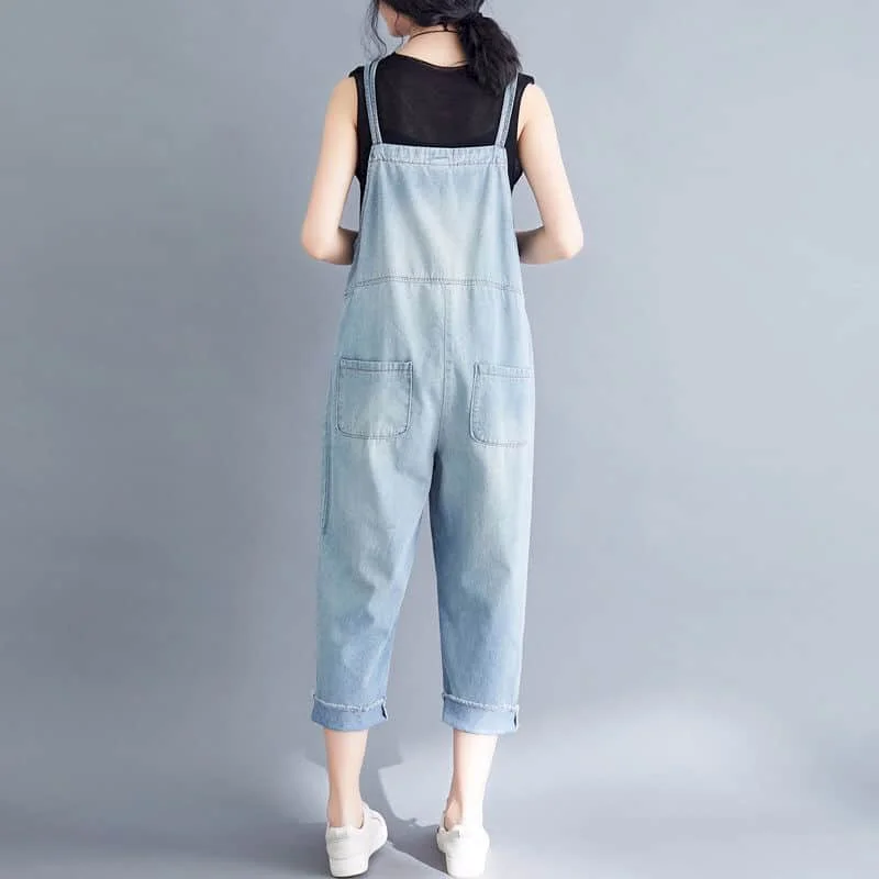 Denim Jumpsuits for Women Harajuku Sleeveless Straight Pants One Piece Outfits Women Capri Pants Loose Casual Vintage Playsuits