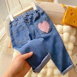 Kids Jeans for Girls 2-7Y Personality Fashion Pencil Trousers with Heart Pattern Elastic Waist Outing Casual Jeans