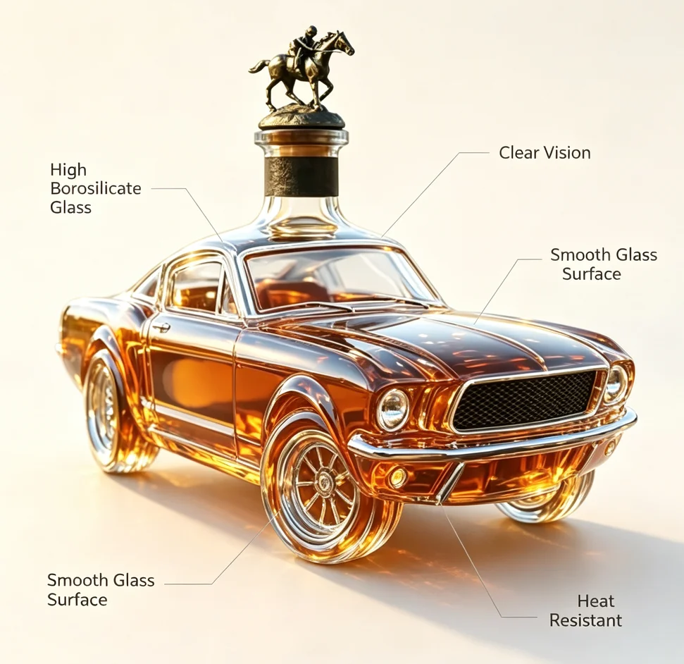 Hot Selling Police Car Whiskey Bottle New Design Car Shaped Glass Wine Bottle Whiskey Glass Transparent Mustang Whisky Bottle