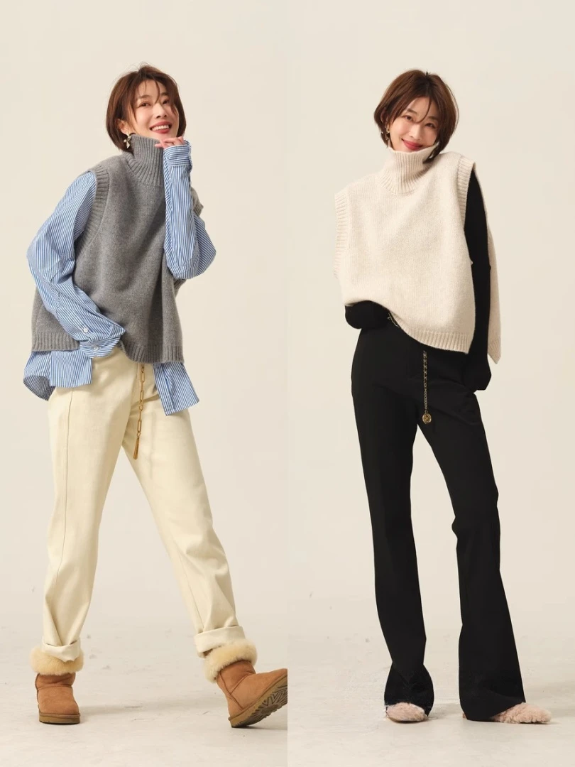 

Осенне-зимний кашемировый жилет, женский свитер без рукавов с высоким воротником, свободный универсальный вязаный жилет.