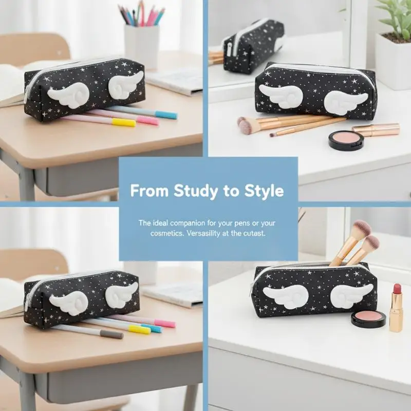 Cute Pencil Pouch 3D Angel Wings Glitter Star Print Durable Zipper Stationery Bag for Kids Students School Supplies