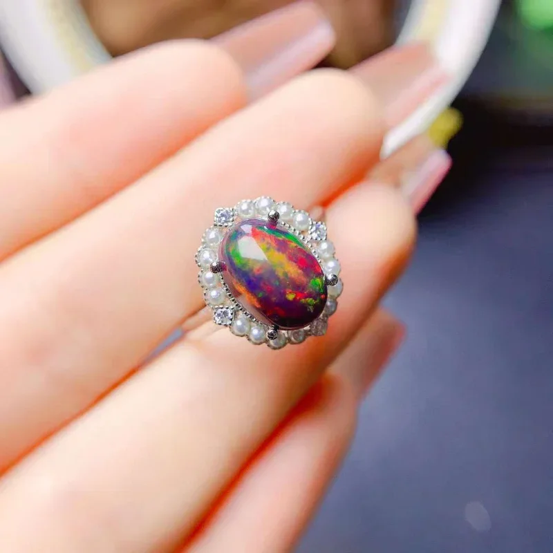 Natural Australia Black Opal Ring 8*10MM Gemstone 925 Sterling Silver Jewelry for Women Wedding Engagement Gift