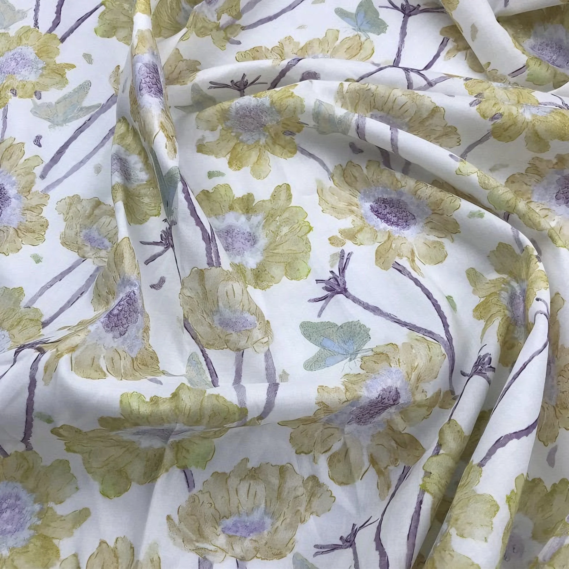 100% Cotton Fabric Vivid Blue and Yellow Flower Prints with Intricate Butterfly Embellishments for DIY Crafts Garment Making