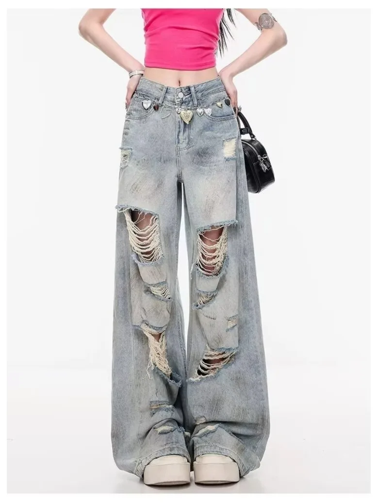 American Style Vintage Ripped Denim Jeans Women's plus Size Loose Casual Pants Summer Breathable Natural Waist Button Closure
