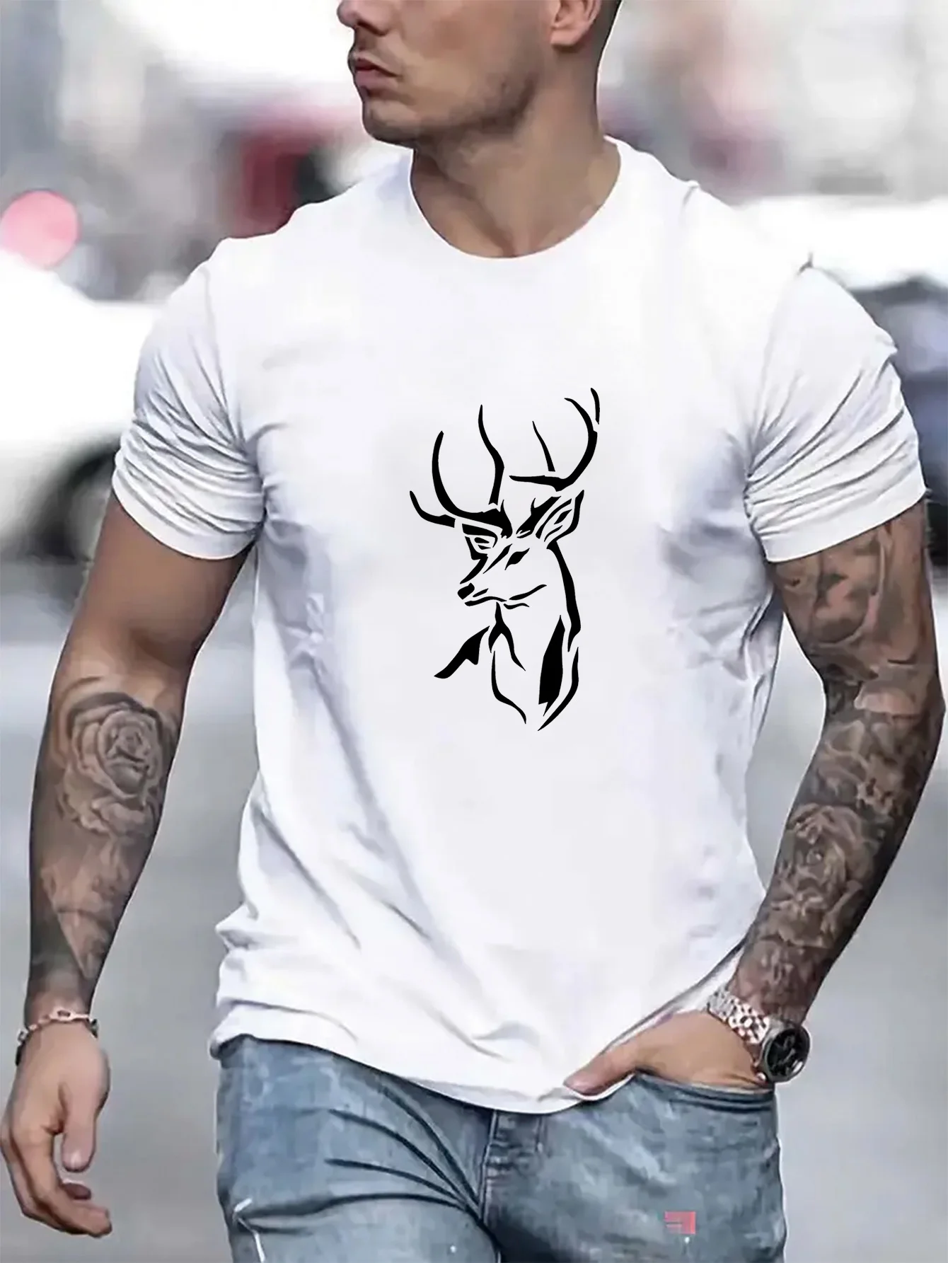

Stag Deer Head Graphic Men's Cotton Crewneck Short Sleeve T Shirt Trip Casual Tee