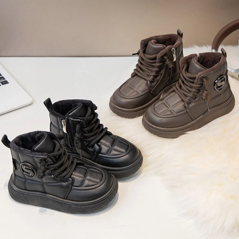 Осень 2026, детские зимние ботинки среднего кроя, теплая противоскользящая зимняя обувь на флисовой подкладке для мальчиков и девочек, прочная TPR подошва