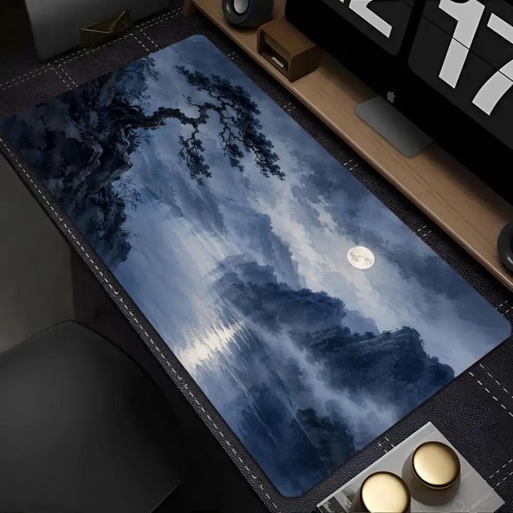 Gothic Black White Dark Castle Full Moon Mountain Valley Night View Big Anti-Slip Extended Gaming Mouse Pad Desk Keyboard Mat